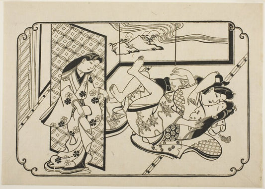 A Courtesan with Her Client, the first sheet of an untitled erotic picture album by  Hishikawa Moronobu, 23x16"( A2 size) Poster Print