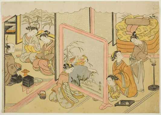 A Cup of Sake before Bed (Toko sakazuki), the sixth sheet of the series "Marriage in Brocade Prints, the Carriage of the Virtuous Woman (Konrei nishiki misao-guruma)" by  Suzuki Harunobu ?? ?? , 23x16"( A2 size) Poster Print