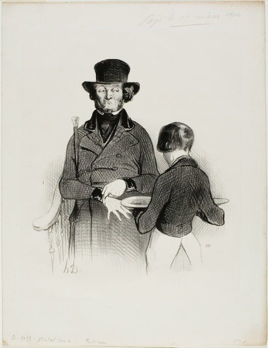 A Dinner at Very's. “So what! I am having dinner by  myself today... alright! But my wife gave me one Louis d'or and I still have... 60 centimes left,” plate 11 from Les Beaux Jours De La Vie by  Honore Victorin Daumier, 23x16"( A2 size ) Poster Print