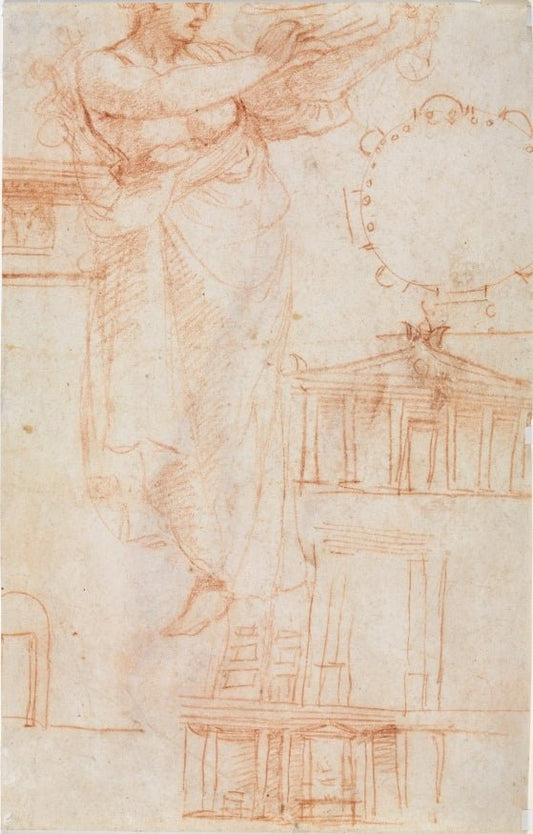 A Draped Female Figure (possibly an Amazon) and Architectural Studies (verso), vintage artwork by Correggio, A3 (16x12") Poster Print