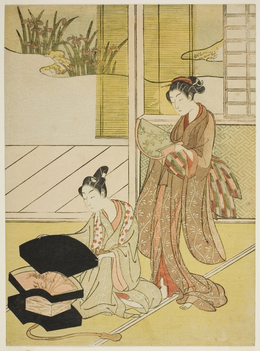 A Fan Peddler Showing his Wares to a Young Woman by  Attributed to Suzuki Harunobu ?? ?? , 23x16"( A2 size) Poster Print