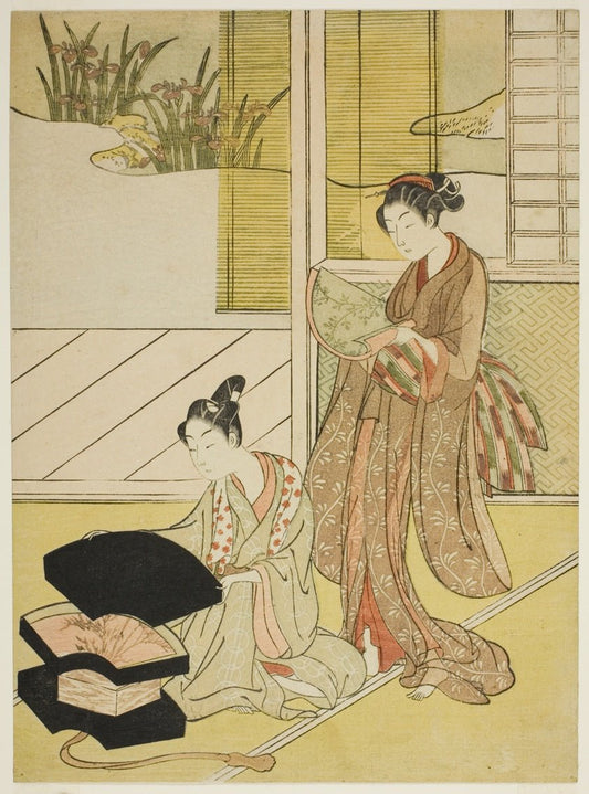 A Fan Peddler Showing his Wares to a Young Woman by  Attributed to Suzuki Harunobu ?? ?? , 23x16"( A2 size) Poster Print