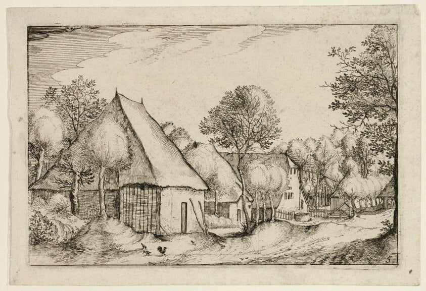 A Farmyard, plate five after Pictures of Farms, Country Houses and Rustic Villages (Praediorum villarum et rusticarum casularum icones) by  Claes Jansz. Visscher (Dutch, 1587-1652), 23x16"( A2 size ) Poster Print