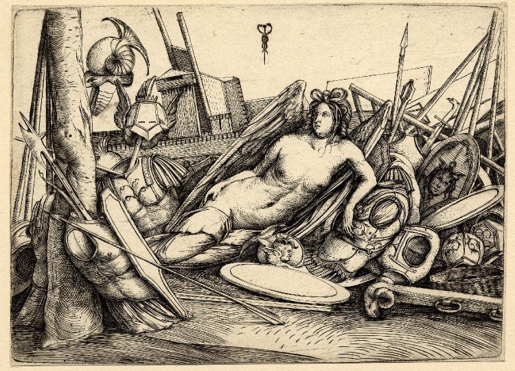 A female figure of Victory reclining amid a pile of trophies of war, vintage artwork by Jacopo de' Barbari, A3 (16x12") Poster Print