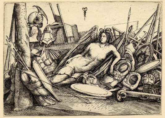A female figure of Victory reclining amid a pile of trophies of war, vintage artwork by Jacopo de' Barbari, A3 (16x12") Poster Print