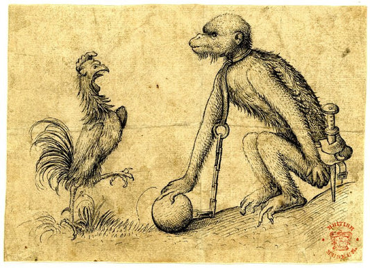 A fighting cock facing a chained monkey,, vintage artwork by Master of the Housebook, A3 (16x12") Poster Print