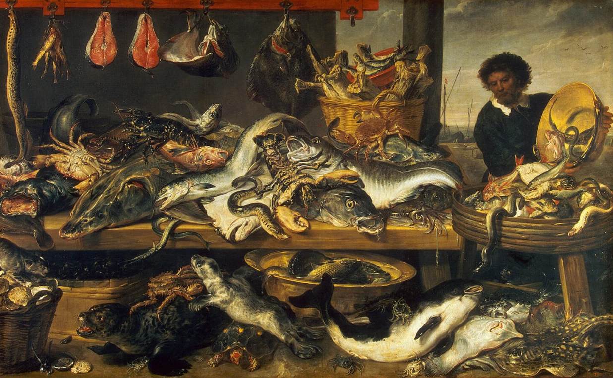 A Fish Stall, vintage artwork by Frans Snyders, 12x8" (A4) Poster