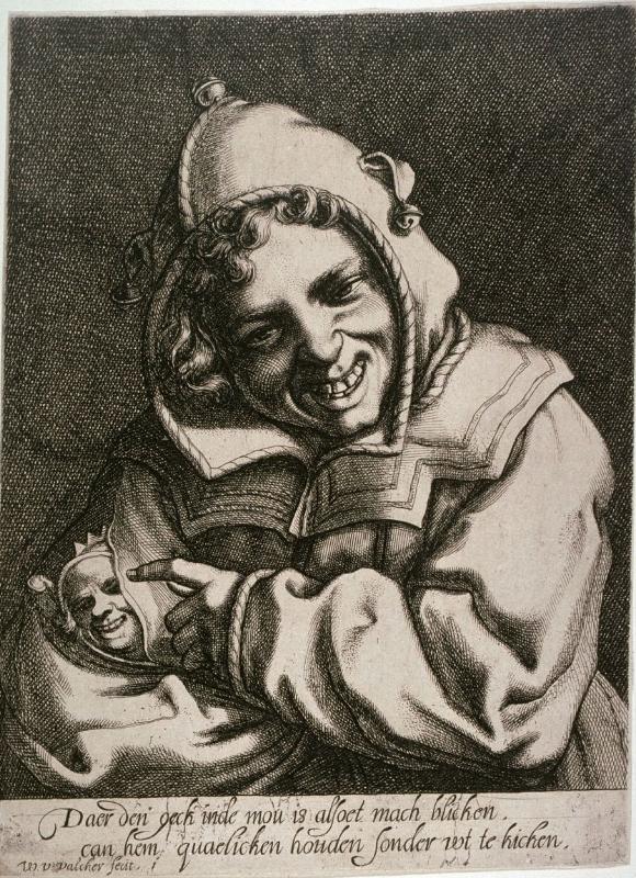 A fool with a smaller fool in his sleeve, vintage artwork by Werner van den Valckert, 12x8" (A4) Poster