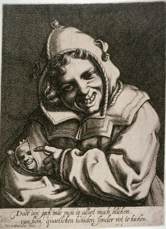 A fool with a smaller fool in his sleeve, vintage artwork by Werner van den Valckert, 12x8" (A4) Poster
