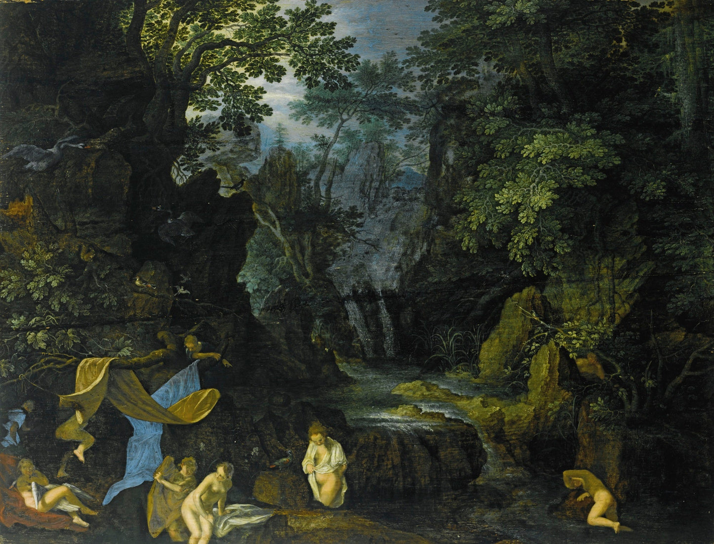 A forest landscape with bathing nymphs and Leda and the swan, vintage artwork by Roelant Savery, A3 (16x12") Poster Print