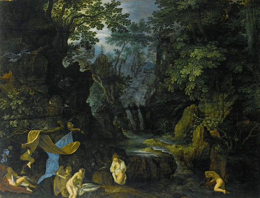 A forest landscape with bathing nymphs and Leda and the swan, vintage artwork by Roelant Savery, A3 (16x12") Poster Print