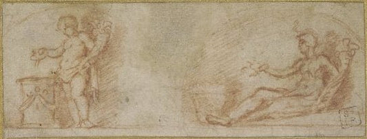 A Genius Pouring Libation and Holding a Cornucopia, and a Reclining Woman with a Cornucopia, vintage artwork by Correggio, A3 (16x12") Poster Print
