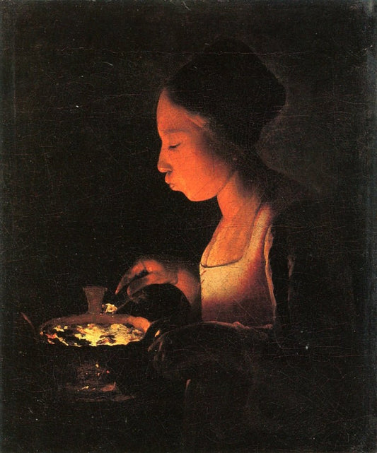 A Girl Blowing on a Brazier, vintage artwork by Georges de La Tour, 12x8" (A4) Poster