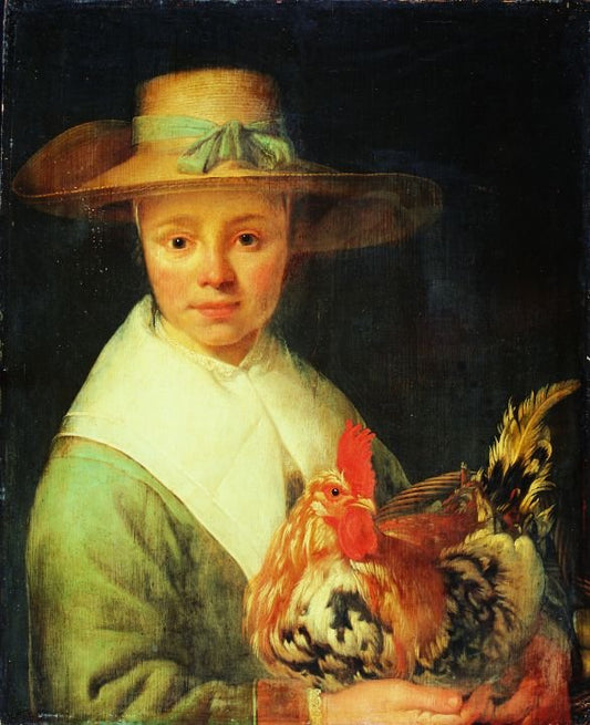 A Girl with a Rooster, vintage artwork by Jacob Gerritsz. Cuyp, 12x8" (A4) Poster