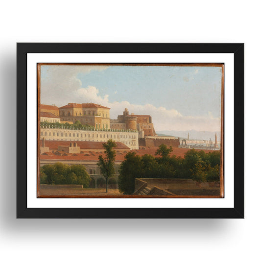 A H Dunouy: The Palazzo Reale & Harbor, Naples (c1810), vintage artwork, A3 Size Reproduction Poster Print in 17x13" Black Frame