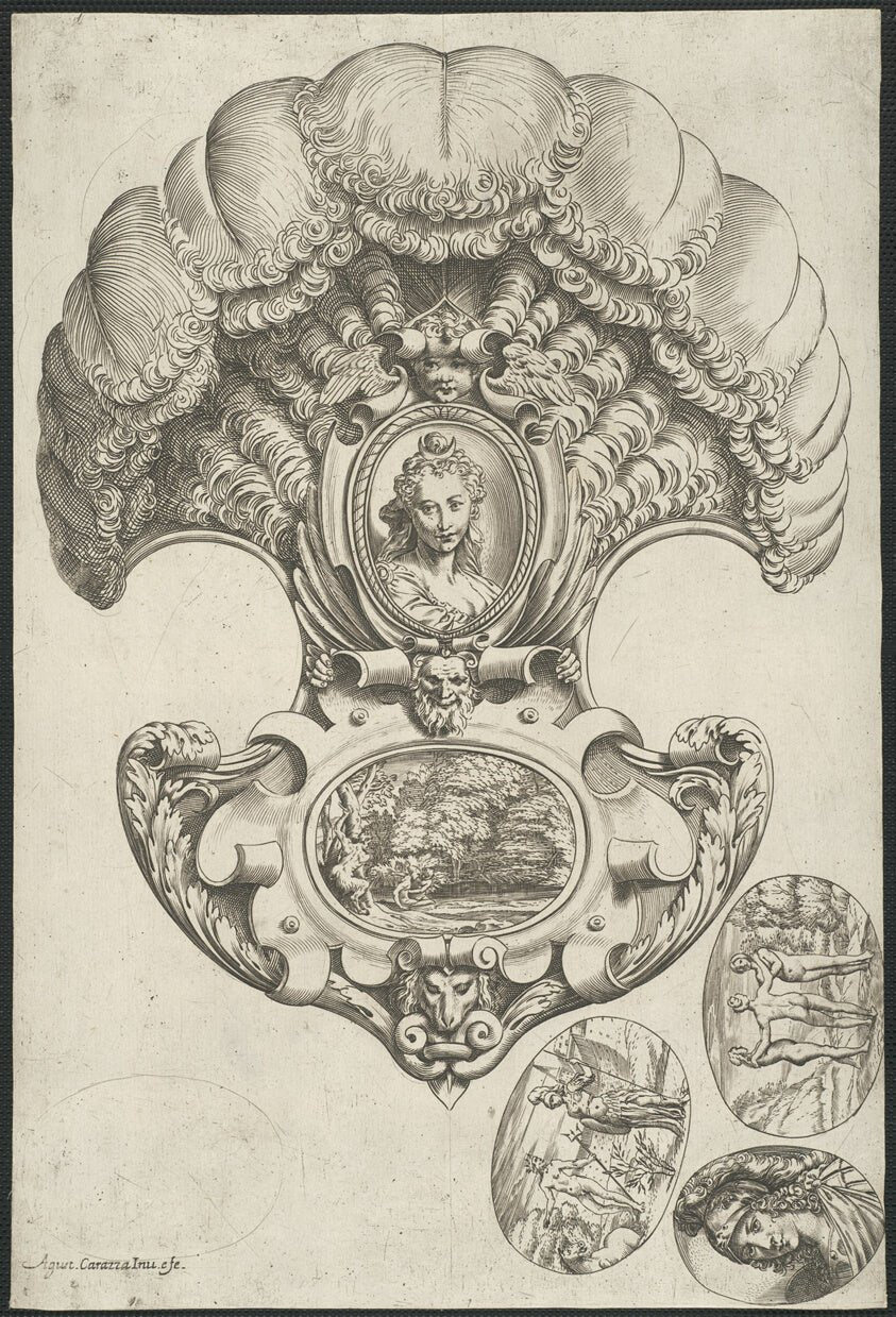 A Headpiece in the Form of a Fan by  Agostino Carracci, 23x16"( A2 size) Poster Print