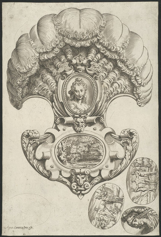 A Headpiece in the Form of a Fan by  Agostino Carracci, 23x16"( A2 size) Poster Print