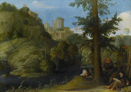 A hermit with two travellers in a wooded landscape, vintage artwork by Johann König, 12x8" (A4) Poster