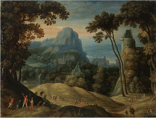 A Hilly Landscape With A Town In A Valley And A Castle, vintage artwork by Marten Ryckaert, 12x8" (A4) Poster
