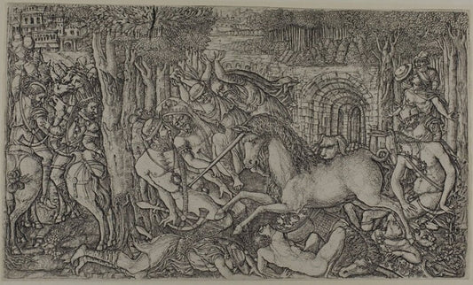 A King Pursued by  a Unicorn by  Jean Duvet, 23x16"( A2 size) Poster Print