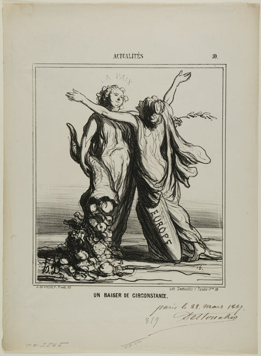 A Kiss of Circumstances, plate 50 from Actualites by  Honore Victorin Daumier, 23x16"( A2 size) Poster Print