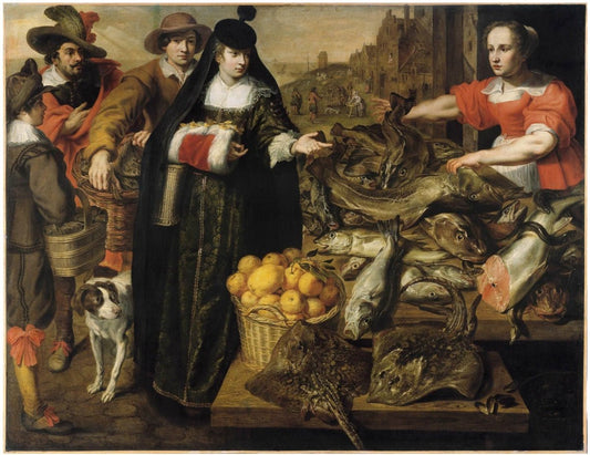 A lady at the fishmarket in Antwerp, vintage artwork by Maarten Pepyn, 12x8" (A4) Poster
