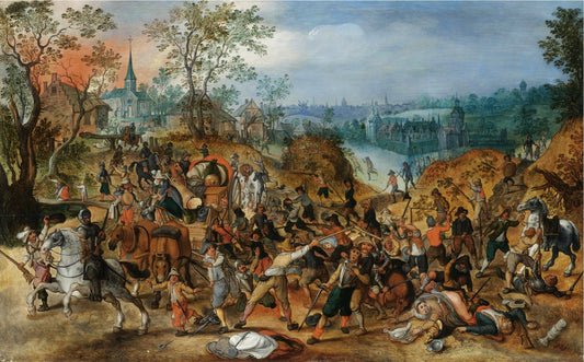A landscape with travellers ambushed outside a small town, vintage artwork by Sebastian Vrancx, 12x8" (A4) Poster