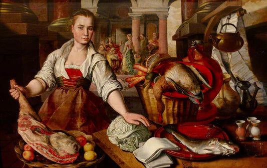 A Maid in the Kitchen with Christ and Mary and Martha in the Background, vintage artwork by Joachim Beuckelaer, A3 (16x12") Poster Print