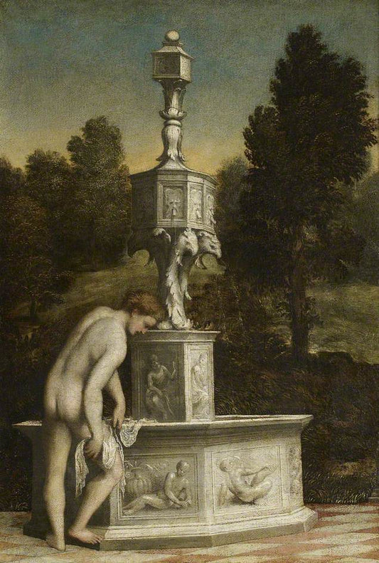 A Man Drying Himself Beside a Fountain, vintage artwork by Paris Bordone, A3 (16x12") Poster Print
