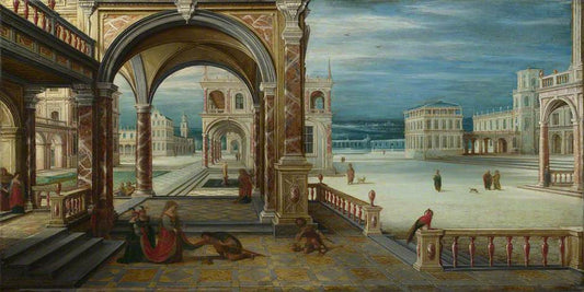 A Man Kneels before a Woman in the Courtyard of a Renaissance Palace, vintage artwork by Hendrick van Steenwijck the Younger, 12x8" (A4) Poster