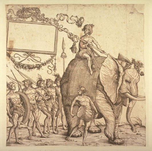 A man of Calicut, riding on an elephant, followed by  five other men of Calicut, vintage artwork by Hans Burgkmair, A3 (16x12") Poster Print