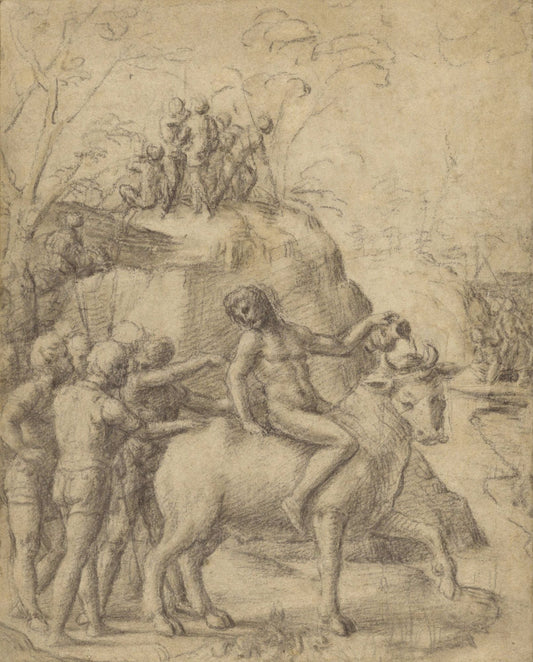 A Man Riding a Bull, and Other Figures, vintage artwork by Correggio, A3 (16x12") Poster Print