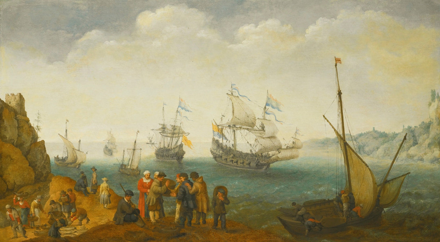 A Marine with Five Vessels Out to Sea and Another in Port, vintage artwork by Adam Willaerts, 12x8" (A4) Poster