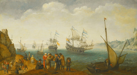 A Marine with Five Vessels Out to Sea and Another in Port, vintage artwork by Adam Willaerts, 12x8" (A4) Poster