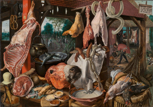 A Meat Stall with the Holy Family Giving Alms, vintage artwork by Pieter Aertsen, A3 (16x12") Poster Print