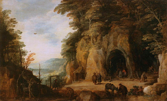 A Monk's Hermitage in a Grotto, vintage artwork by Joos de Momper the Younger, A3 (16x12") Poster Print