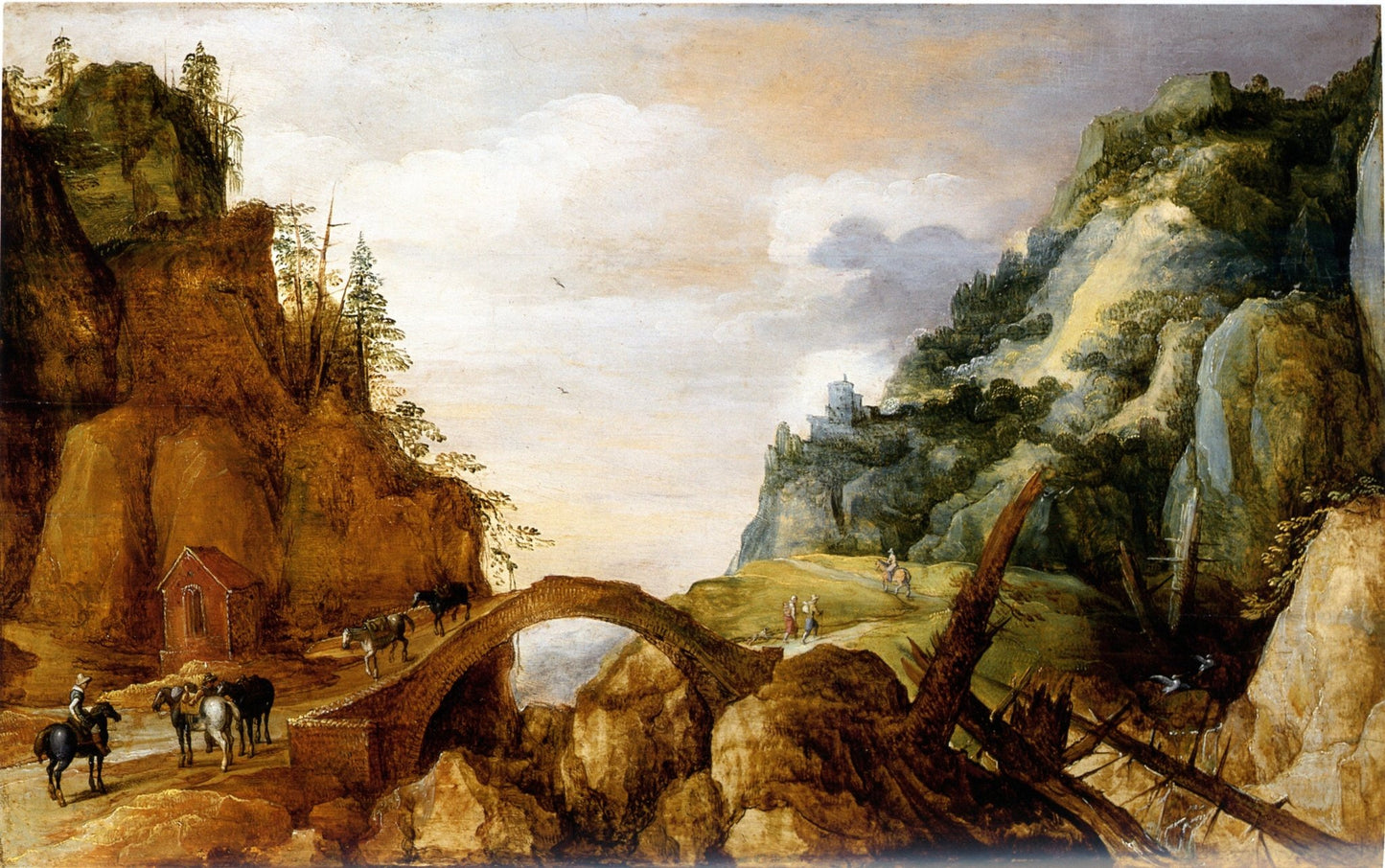 A Mountainous Landscape with Horsemen and Travellers Crossing a Bridge, vintage artwork by Joos de Momper the Younger, A3 (16x12") Poster Print