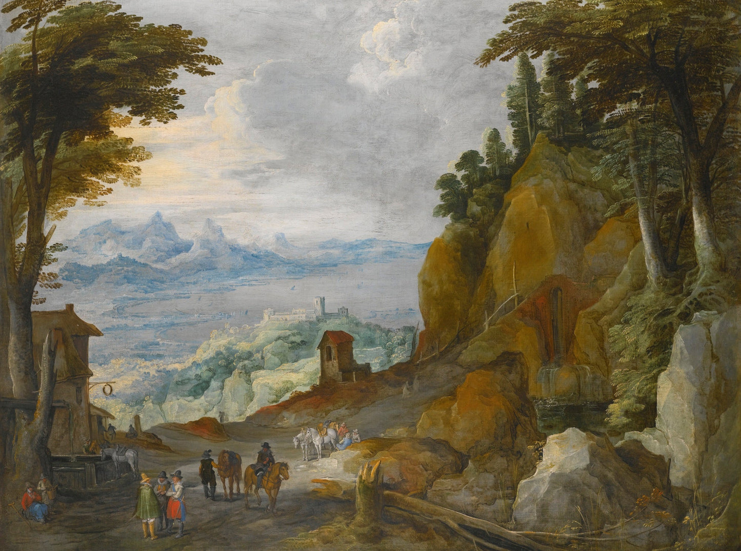 A mountainous landscape with travellers on a path, vintage artwork by Joos de Momper the Younger, A3 (16x12") Poster Print
