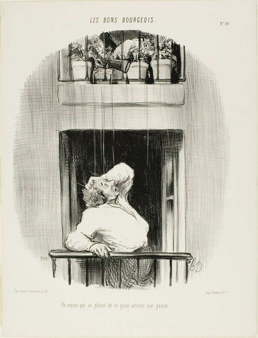 A Neighbour Complaining about the Watering of his Lawn, plate ten from Les Bons Bourgeois by  Honore Victorin Daumier, 23x16"( A2 size) Poster Print