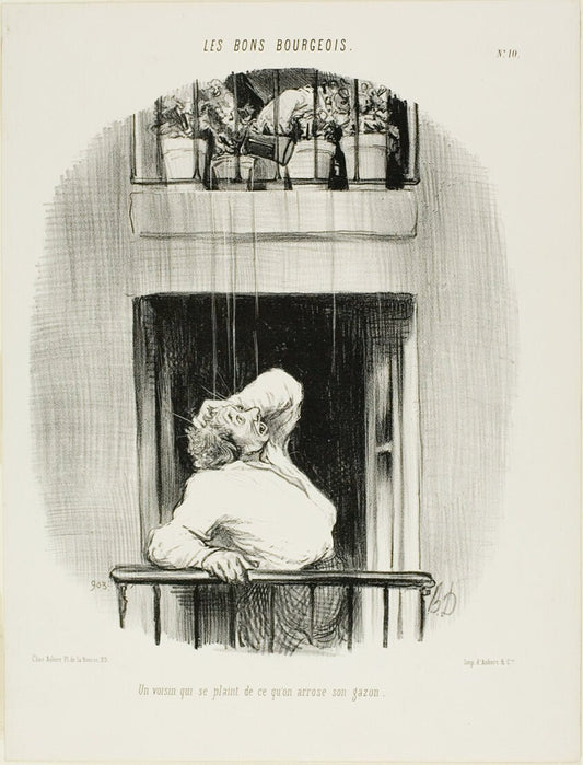 A Neighbour Complaining about the Watering of his Lawn, plate ten from Les Bons Bourgeois by  Honore Victorin Daumier, 23x16"( A2 size) Poster Print