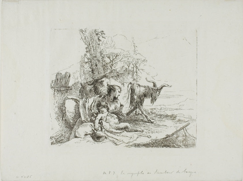 A Nymph with a Small Satyr and Two Goats, from Capricci by  Giambattista Tiepolo, 23x16"( A2 size) Poster Print
