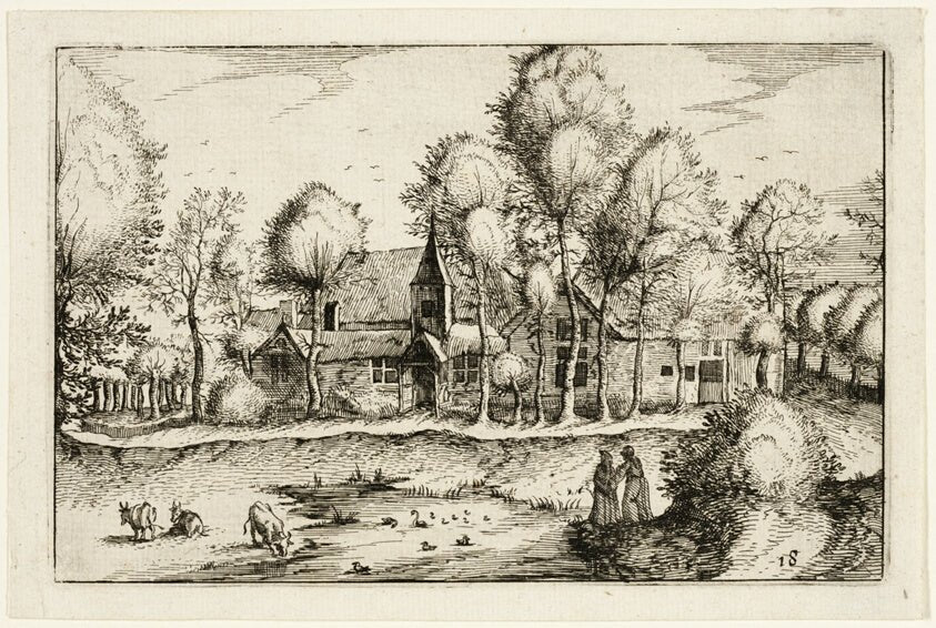 A Pond, plate eighteen after Pictures of Farms, Country Houses and Rustic Villages (Praediorum villarum et rusticarum casularum icones) by  Claes Jansz. Visscher (Dutch, 1587-1652), 23x16"( A2 size) Poster Print