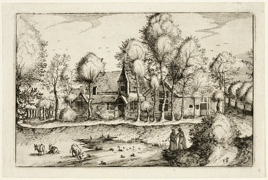 A Pond, plate eighteen after Pictures of Farms, Country Houses and Rustic Villages (Praediorum villarum et rusticarum casularum icones) by  Claes Jansz. Visscher (Dutch, 1587-1652), 23x16"( A2 size) Poster Print