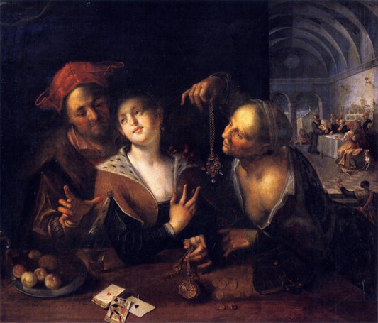 A Procuress with a Couple, vintage artwork by Hans von Aachen, 12x8" (A4) Poster