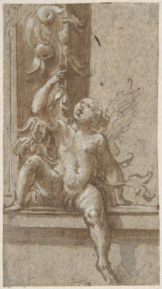 A Putto Seated on a Frame, vintage artwork by Girolamo Mazzola Bedoli, A3 (16x12") Poster Print