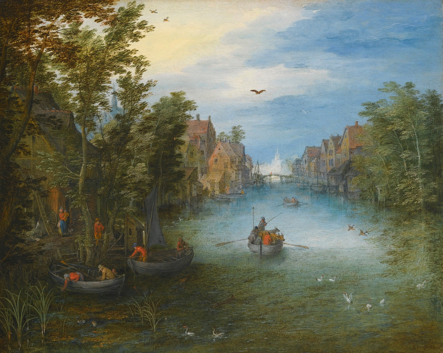 A River Running Through a Small Town, vintage artwork by Jan Brueghel the Elder, A3 (16x12") Poster Print