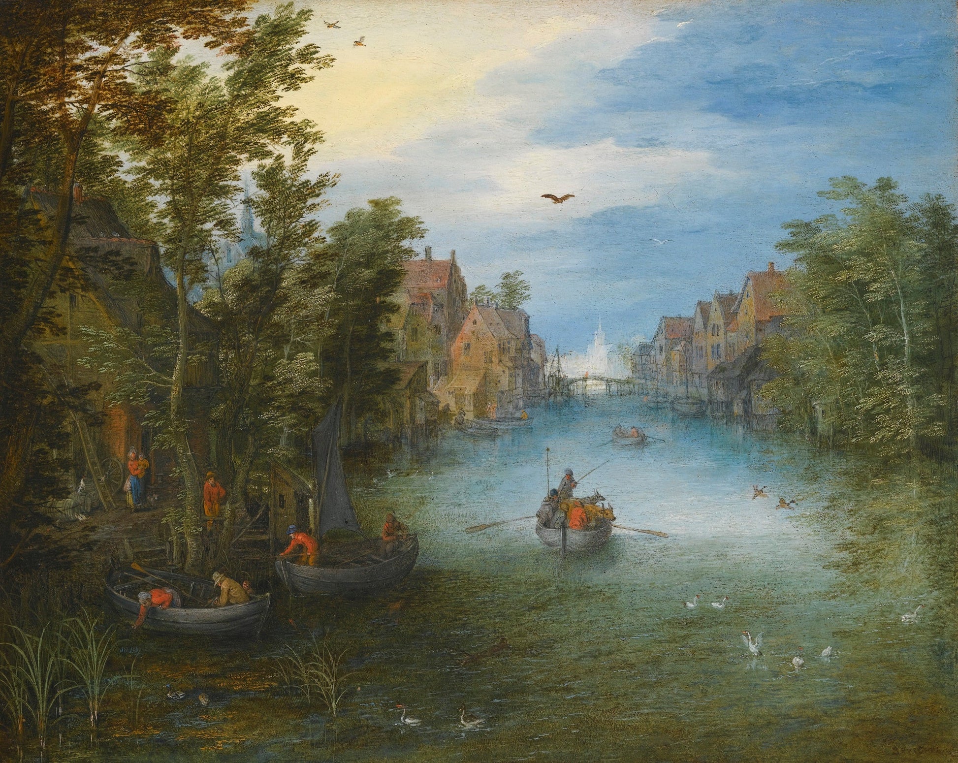 A River Running Through a Small Town, vintage artwork by Jan Brueghel the Elder, A3 (16x12") Poster Print