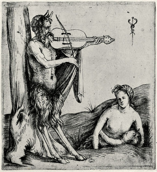 A satyr playing a violin, with his wife and child beside him, vintage artwork by Jacopo de' Barbari, A3 (16x12") Poster Print