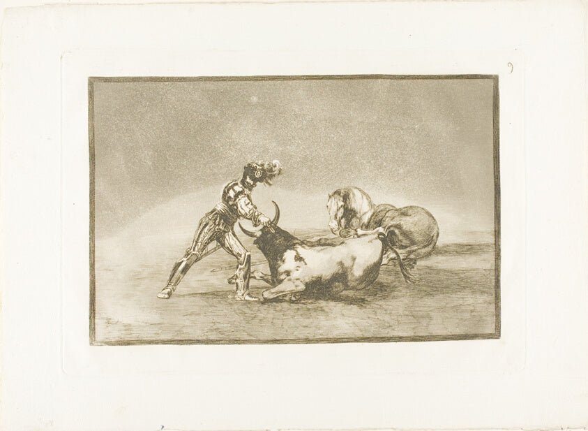 A Spanish knight kills the bull after having lost his horse, plate nine from The Art of Bullfighting by  Francisco Jose de Goya y Lucientes, 23x16"( A2 size) Poster Print