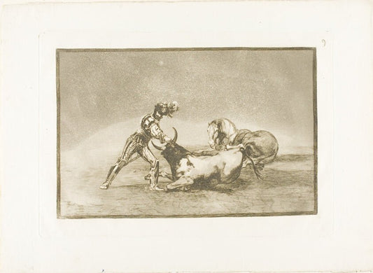 A Spanish knight kills the bull after having lost his horse, plate nine from The Art of Bullfighting by  Francisco Jose de Goya y Lucientes, 23x16"( A2 size) Poster Print